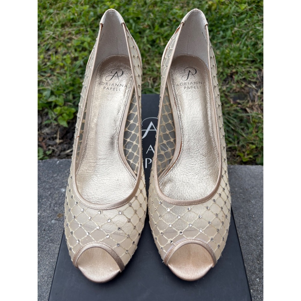 Adrianna Papell Jamie Nude Mesh Rhinestone Peep Toe Evening Pumps 10M